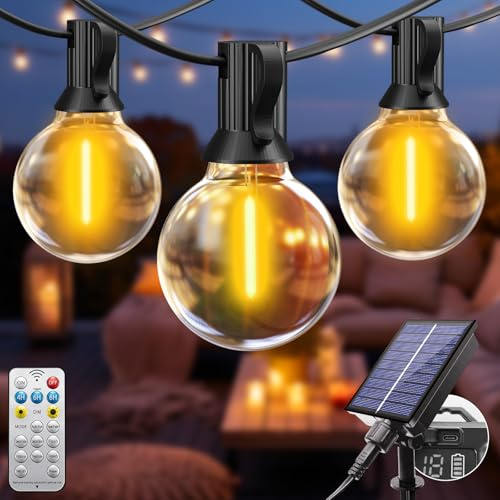 btfarm Guirnaldas Luces Exterior Solar Mando a Distancia, 5 M 10+1 G40 Bombillas Solares LED Exterior Jardin, Impermeable 8 Modos Guirnalda Solares para Jardín Patio Café Fiesta Terraza-Blanco Cálido
