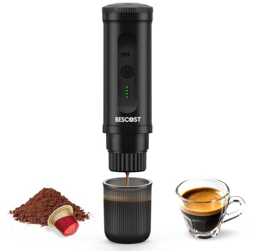 BESCOST Cafetera Portátil Cápsulas Espresso, Máquina de Café Portátil de 20 Bares, USB-C, 9600mAh, Compatible con Cápsula y Café Molido, Calefacción en 3 minute para RV, Camping, Barco, Oficina