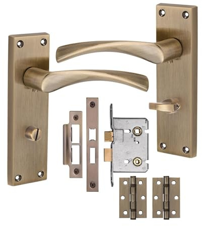 Golden Grace Astrid Victorian Bathroom Door Handle Set, Antique Brass | Includes 2.5-inch mortise lock, zinc alloy build, spindle, and fixing screws for quick, seamless installation.