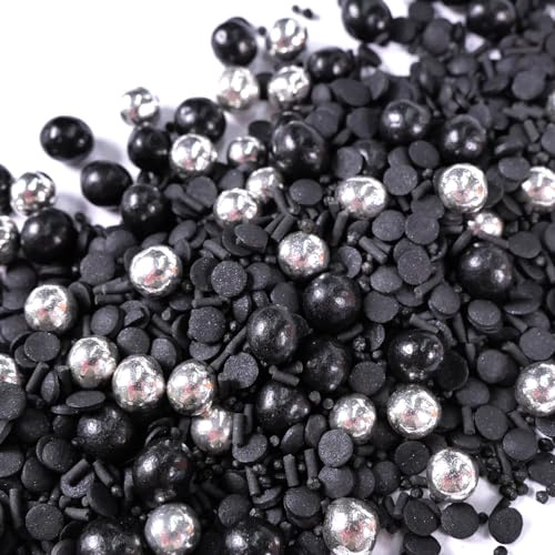 Streuselheld Glitzer Blitzer Schwarz 120g Zuckerstreusel | stilvolle Streusel Mischung mit Kugeln, Konfetti und Jimmies als essbare Streudeko für Torten und Kuchen
