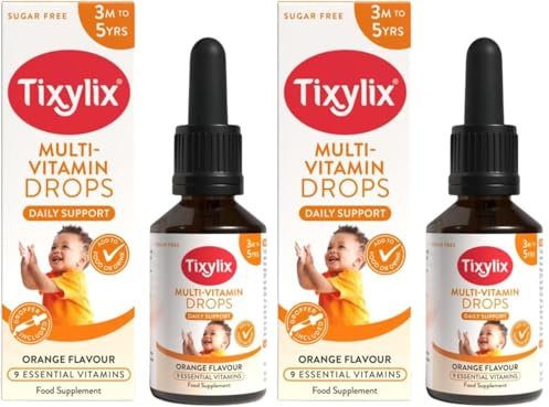 Tixylix 50ml Multi-Vitamin Drops for Children, 9 Vitamins to Support Growth & Immune Health - Sugar Free, Vegan, Gluten Free - Add to Food and Drink - for Children 3 Months to 5, Dropper Included