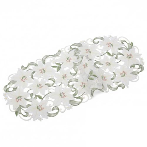 Quinnyshop Weiße Lilie Stickerei Tischdecke Tischläufer ca. 35 x 70 cm Oval Polyester, Weiß Grün