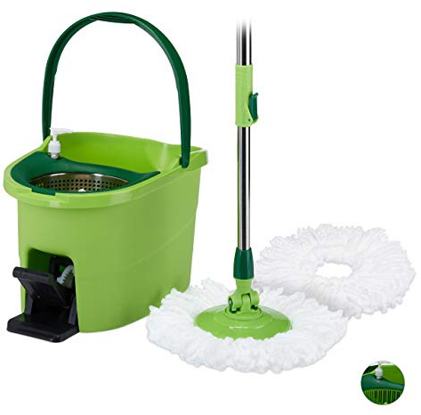 Relaxdays Power Mop Profi mit Eimer, Pedal, Edelstahl Schleuder, Teleskopstange, Wischköpfe, HBT 28x44x29cm, grün/Silber