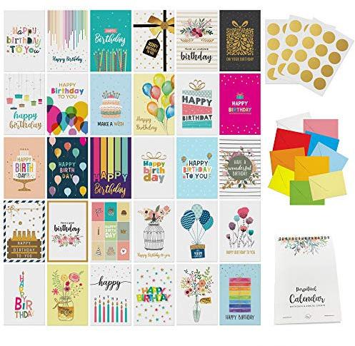 Dessie 30 Unique Happy Birthday Cards 5x7 - Gold Foil Birthday Cards Bulk With Message Inside. 32 White and Colored Envelopes, Perpetual Birthday Calendar and Gold Sealing Stickers Included In Box