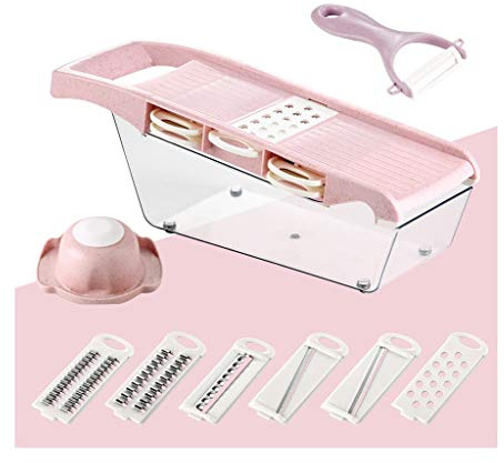 Liangzishop Slicer Household Vegetable Chopper Kitchen Grater, Stainless Steel 6 in 1 Food Dicer Mandoline Slicer with Large Container (Color : Pink)