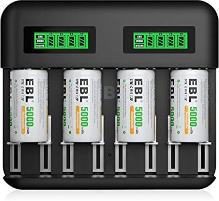 EBL Akku ladegerät inkl. 4X C 5000mAh für AA AAA C D NI-MH Akkus Type C Input Schnell ladegerät, LCD Anzeige Batterienladegerät