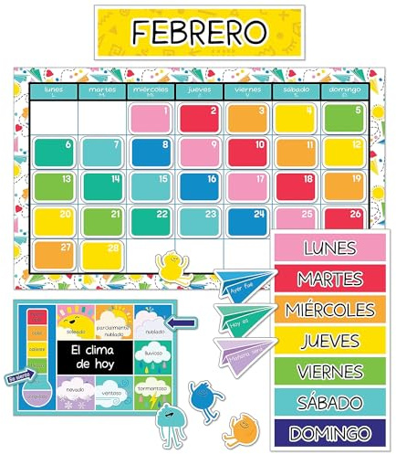 Carson Dellosa Happy Place - Juego de tablones de anuncios de Calendario español, Calendario de Aula con cabeceras de Calendario mensual, Vacaciones, cumpleaños, coberturas en Blanco, Clima,