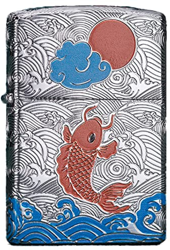 DONGCY Koi-Fische Kerosin Altmodische Feuerzeuge Winddicht Stabfeuerzeug Soft Flame Kerosin Gasanzünder Nachfüllbar für Sammlung Outdoor Dekoratives Geschenk Metall,Silver