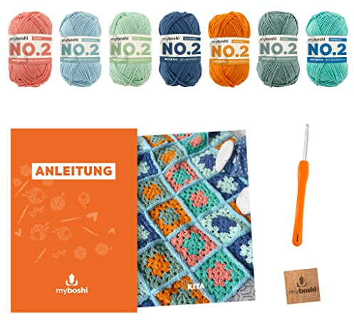 myboshi Häkelset Babydecke Kita, inkl. No.2 Wolle, Nadel und Anleitung, original Label, Häkelpaket, 85% Baumwolle, 15% Kapok Bunt, mit Häkelnadel