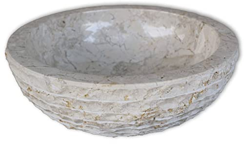 Waschbecken Rund 40 cm Marmor Waschtisch Waschplatz Handwaschbecken Aufsatzwaschbecken Waschschale Aufsatzwaschtisch, Creme