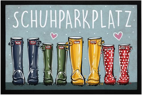 MoonWorks® Fußmatte Schuhparkplatz Motiv lustig Gummistiefel Familie Willkommen rutschfest & waschbar Schwarz 60x40cm