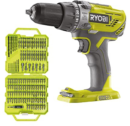 Lot de RYOBI - Perceuse-Visseuse à Percussion 18V ONE+ - 50NM, 500-1800 tr/min - Mandrin 13mm - sans Batterie ni Chargeur - Mallette 127 accessoires mixtes