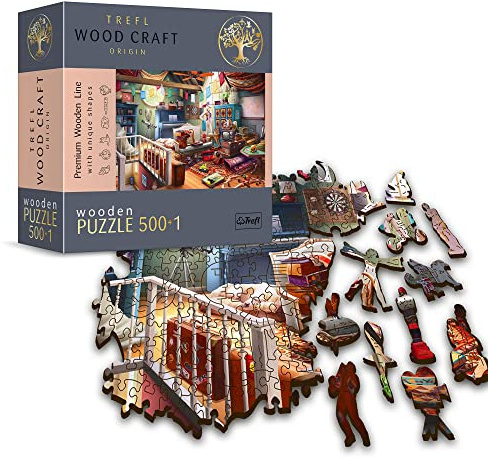 Trefl - Holz Puzzle: Schätze auf dem Dachboden - 500+1 Teile, Wood Craft, unregelmäßige Formen, 50 Figuren, Premium Modern Puzzlespiel, DIY, für Erwachsene und Kinder ab 12 Jahren