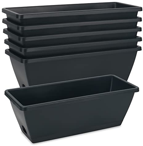 HOXHA Blumenkasten für Fensterbank, 43,2 cm, Kunststoff, mit Tablett, für drinnen und draußen, Blumentöpfe für Fensterbank, Terrasse, Veranda, Garten, Balkon, Dunkelgrau, 6 Stück