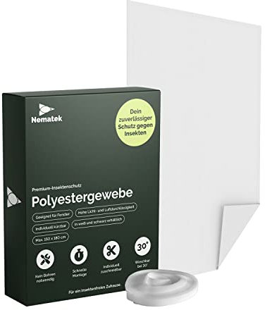 Nematek Polyester Fliegennetz Fenster - Fliegengitter Fenster ohne Bohren - Fliegengitter zum Kleben - individuell zuschneidbar - Fliegengitter (Weiß, 130x150 cm)