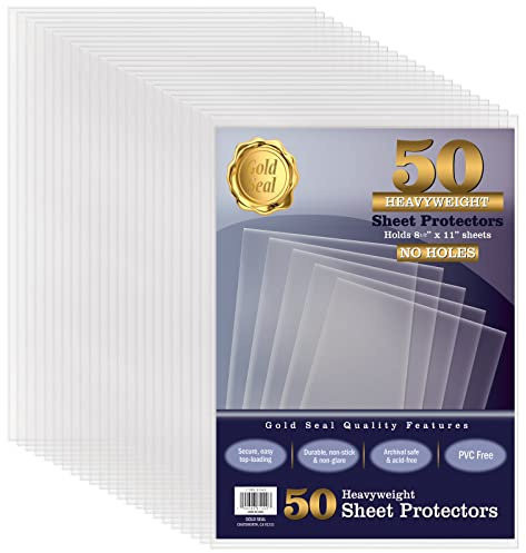 GOLD SEAL No Holes Sheet Protectors, Bulk Pack, Letter Size (8.5 x 11 Inch), Heavyweight Clear View Sheet Protectors, Top Loading, Document Protectors, Artwork Protectors,(50 Pack)