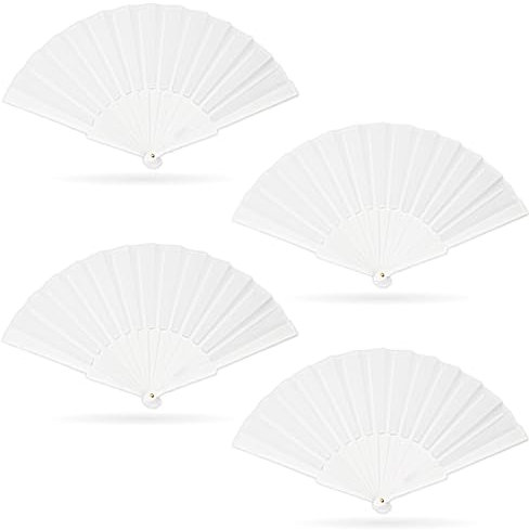 Grantop 4 Pcs Folding Hand Fan Set, Silk Fabric Plastic Ribs Handheld Fan, Folding Chinese Fan for Wedding Christmas Party Prom Festival DIY Home Decorations(4Pcs, White)