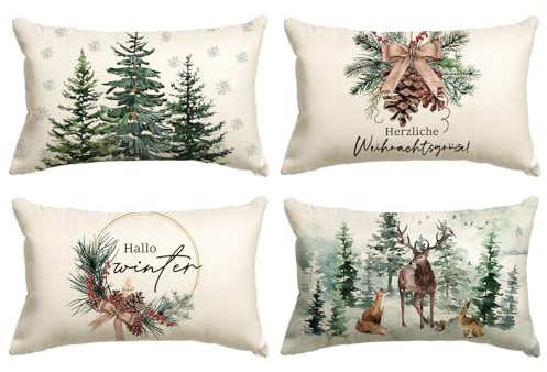 Artoid Mode Holly Kiefernzapfen Rentier Baum Weihnachten Kissenbezüge 4er Set, 30x50 cm Zierkissenbezug Cushion Cover Wohnzimmer Außenbereich Deko