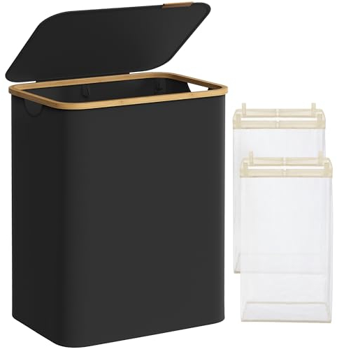 SONGMICS Wäschekorb mit Deckel, Wäschesammler mit 2 Fächern, 130 L, herausnehmbarer Wäschesack, Oxford-Gewebe, Griffe aus Bambus, zusammenklappbar, 52 x 38,5 x 70,5 cm, tintenschwarz LCB513B01