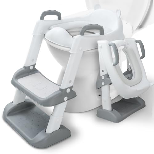NINGESHOP Toilettensitz Kinder mit Treppe, Toilettenaufsatz Kinder, Kinder Toilettensitz mit Spritzschutz WC Sitz Kinder,Verstellbar Toilettentrainer mit PU-Sitzkissen, für Jungen und Mädchen Baby