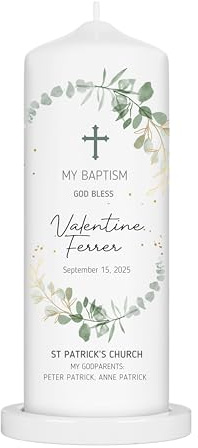 Baptism Pillar Candle, Custom and Personalized Pillar Candles, Unscented White Premium Wax, Great for Religious Celebration, Christening, Special Events or Gift (Zinnia)