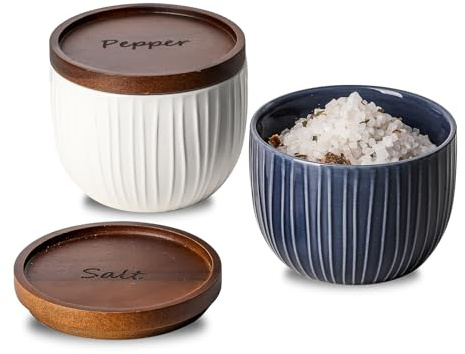Adewnest Cuencos de sal y pimienta: recipiente de cerámica para sal y pimienta de 10 onzas con tapa de madera, salero con tapa, caja de sal apilada para encimera, decoración de cocina de granja (azul
