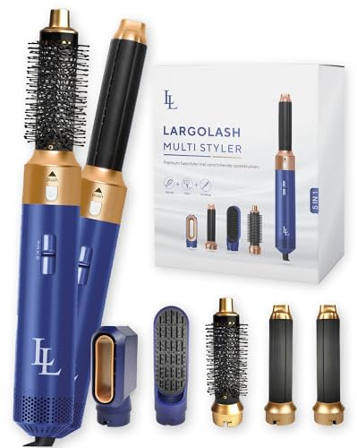 Largolash 5 in 1 Warmluftbürste Set, Schnelltrocknend Föhnbürste, Warmluft Lockenbürste, 3 Temperatur, Auto-Wrap-Lockenaufsatz, Negativ Lonen, 1000 Watt, Keine Hitzeschäden (Marine)