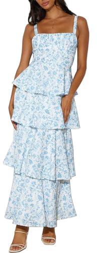 Tiered Ruffle Dress Women Casual Summer Spaghetti Strap Sleeveless Floral Layered Maxi Dress for Women Beach Sundress Blue L