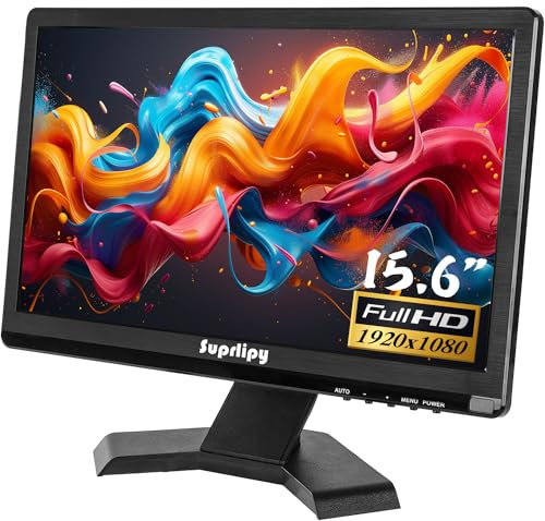 Suprlipy 15,6 Zoll FHD Kleiner IPS-Monitor LCD-Bildschirm 1920x1080 60Hz 16:9 mit BNC VGA AV-Eingang Eingebaute Lautsprecher für CCTV-Überwachungskamera DVR PC RasPi