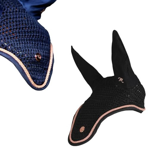 Marengos - Fliegenhaube Modern Rosé | edle Fliegenohren mit roségoldenem Metallplättchen & Zierkordel | Ohrenschutz für Pferde | Schutz vor Insekten | Pferde Zubehör in Nachtblau | Warmblut
