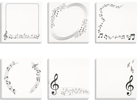 Boerni Haftnotizen mit Musik-Thema, Schwarz / Weiß, selbstklebende Notizblöcke, 6 Stück, 180 Blätter, Weiß, 2.95 x 2.95 inches
