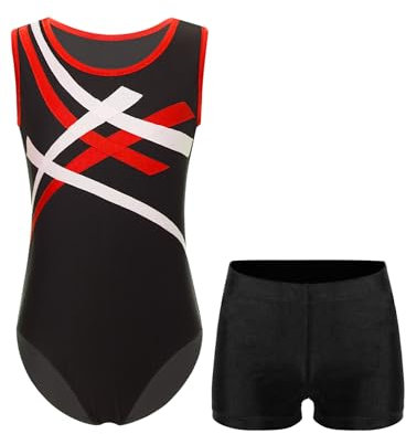 Jhaoyu Kinder Jungen 2 Stück Athletic Outfits Gymanstikanzug Ärmellos Leotard mit shorts Set Turnanzug Gymnastik Wettbewerb Bekleidungsset Rot schwarz 170
