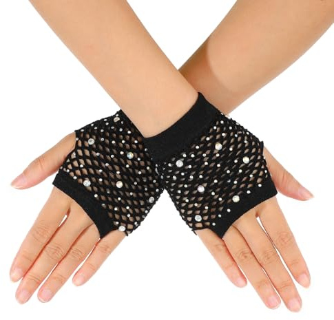 Lusofie Guanti a Rete Corti in Nylon con Strass Accessori per Feste da Ragazza Anni '80 Guanti Senza Dita Donna Eleganti per Cosplay Costumi per Feste a Tema Halloween Performance Maniche a Rete