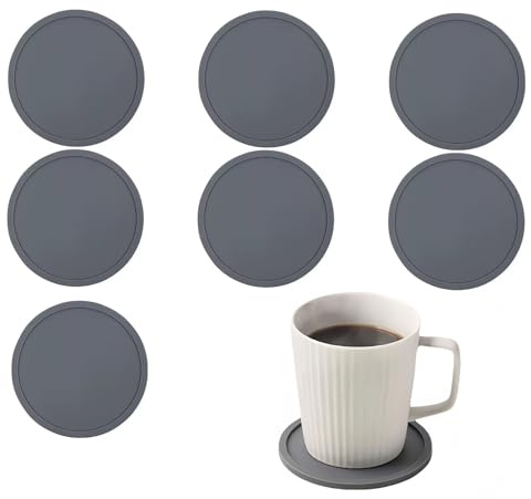 Silicone Beverage Coasters - Set of 8 Round Coffee & Beer Bar Coasters (Grey)
