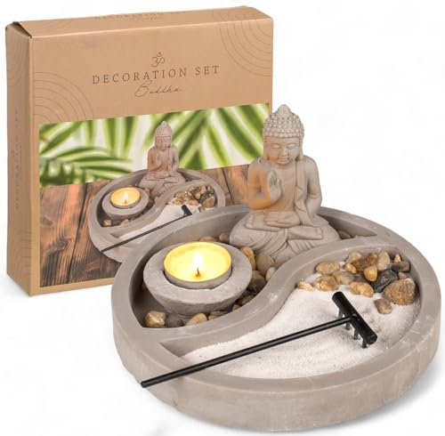 MIJOMA Figurine de Bouddha sur assiette en ciment avec photophore, râteau, pierres décoratives et sable - Ensemble de jardin zen - Décoration spirituelle pour la paix intérieure et l'harmonie (rond Ø