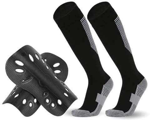 Fußballstutzen kinder, Schienbeinschoner fußballstutzen set, Atmungsaktiv fussball socken kinder, Elastisch Trainingssocke mit Schienbeinschoner für Jungen Mädchen im Alter von 5–12 Jahren, Schwarz