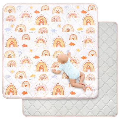 Baby Play Mat for Floor 127x127 cm,Thick Playmats for Babies Kids Toddler,Soft Non-Slip Mat for Crawling & Playing,Machine Washable Portable Playpen Mat Pad for Tummy Time (Boho Rainbow)