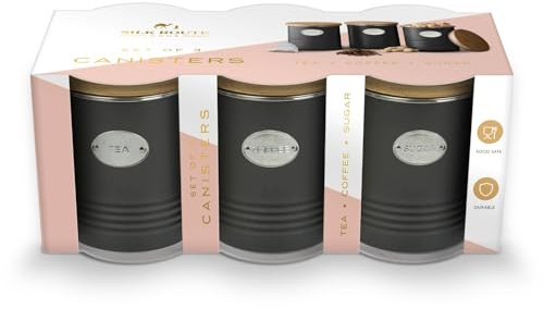 SILK ROUTE Home Black Metal Tea, Coffee & Sugar Storage Canisters & Wood Lid