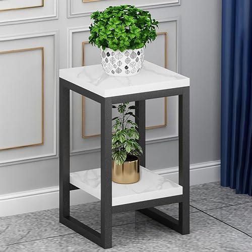 Metall-Pflanzenständer, Eckregal für drinnen und draußen, Garten, Balkon, schwarz-weiß, Marmor-Trennwand, 2 Etagen, Blumentopfhalter für Schlafzimmer, Wohnzimmer, 50 x 30 cm