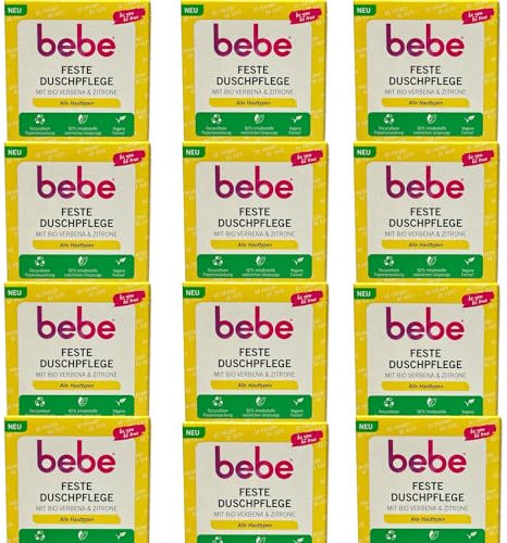 12x Bebe Feste Duschpflege (80 g), seifenfreies & festes Duschgel für alle Hauttypen, feste Dusche mit Bio Verbena & Zitrone
