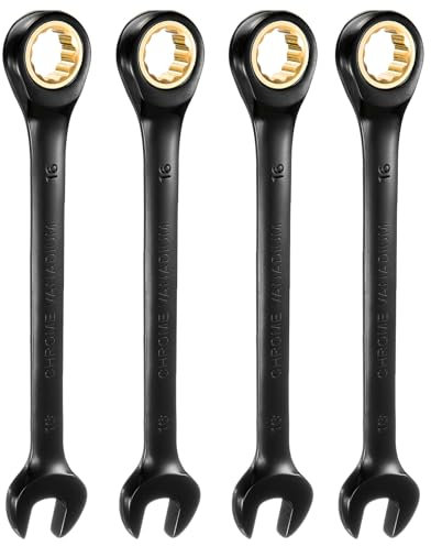 sourcing map 4Pcs Ratcheting Spanner 16mm Metric Open End Wrench 72-Teeth CR-V Steel 12 Point Nickel Plated Combination Ratchet Wrench for Fasteners Nut Bolt