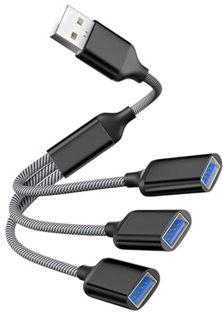 Powice USB-A Splitter 1-auf-3 – USB 2.0 Adapter zur Datenübertragung & Port-Erweiterung, Doppel-Stecker für PC/Laptop, ideal für Maus, Tastatur, USB-Sticks & mehr – Schwarz