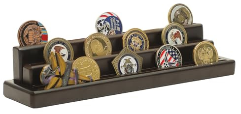 ZoeQide Expositor Monedas Madera 4 Filas, Soporte 15-18 Monedas Colección | Soporte monedas expositor para challenge coins y piezas militares, útil en escritorio, oficina o vitrina; limpieza manual