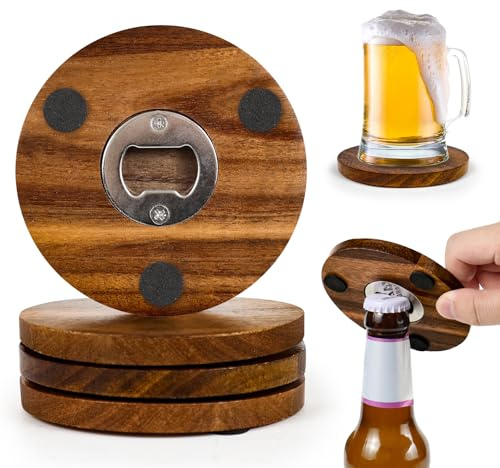 2-IN-1 Wood Coasters with Bottle Opener, Set of 4 – Funny Acacia Wood Drink Coasters with Stainless Steel Openers & Non-Slip Feet – Durable and Functional for Beer or Soda Drinking
