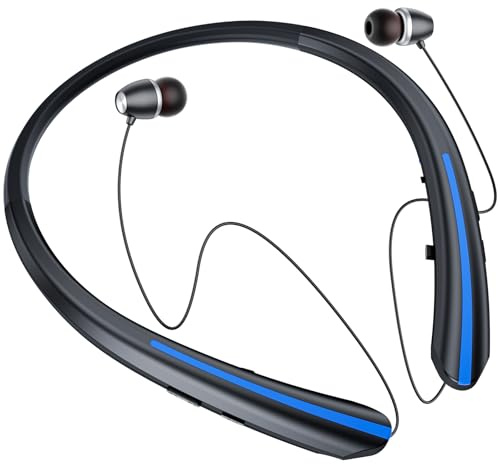 ZIQOPGD Retractable Bluetooth Neckband Headphones - IPX5 Sweatproof Wireless Headset with Adjustable Earbuds, 18H Playtime, Mic, Vibration Alerts for Running/Gym (Blue)