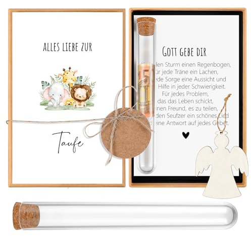 Hestya Cadeau d'Argent pour Baptême Cadeaux de Baptême pour Filles Garçons Emballage d'Argent avec Tube à Essai Ange en Bois Carte pour Naissance Argent Coupon Graines(Animal)