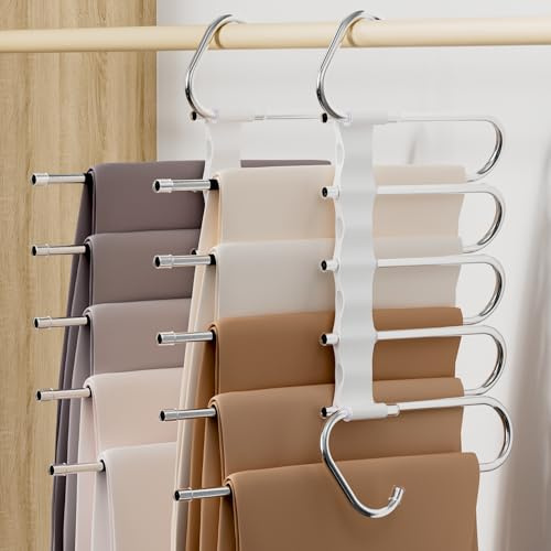 DAMITA Grucce Pantaloni Salvaspazio Appendiabiti Porta Pantaloni 2 Pezzo 5 in 1 Bianco per Armadio Appendini Multifunzionali Nessuna Installazione Adatto per Donne e Uomini Jeans Sciarpe Vestiti