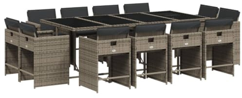 vidaXL Garten Essgruppe 13-TLG., Gartenmöbel Set Tisch mit Glasplatte 12 Stühle, Gartengarnitur mit Kissen, Sitzgruppe Terrasse, Grau Poly Rattan