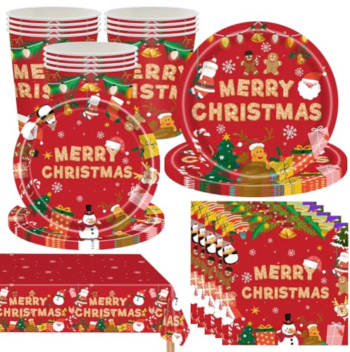 Vajilla de Fiesta de Navidad,69 Decoraciones de Fiesta de Navidad,Juego de Vajilla de Platos ,Tazas,Servilletas, Manteles - 16Invitados