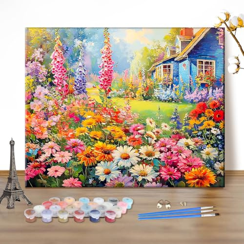 MEIYUDA Malen Nach Zahlen Erwachsene Buntes Haus der Blumen, DIY Digitales Ölgemälde-Set auf Leinwand Bastelset, Malen Nach Zahlen Erwachsene Artwork für Heimdekoration Geschenk 50x40cm(Ohne Rahmen)